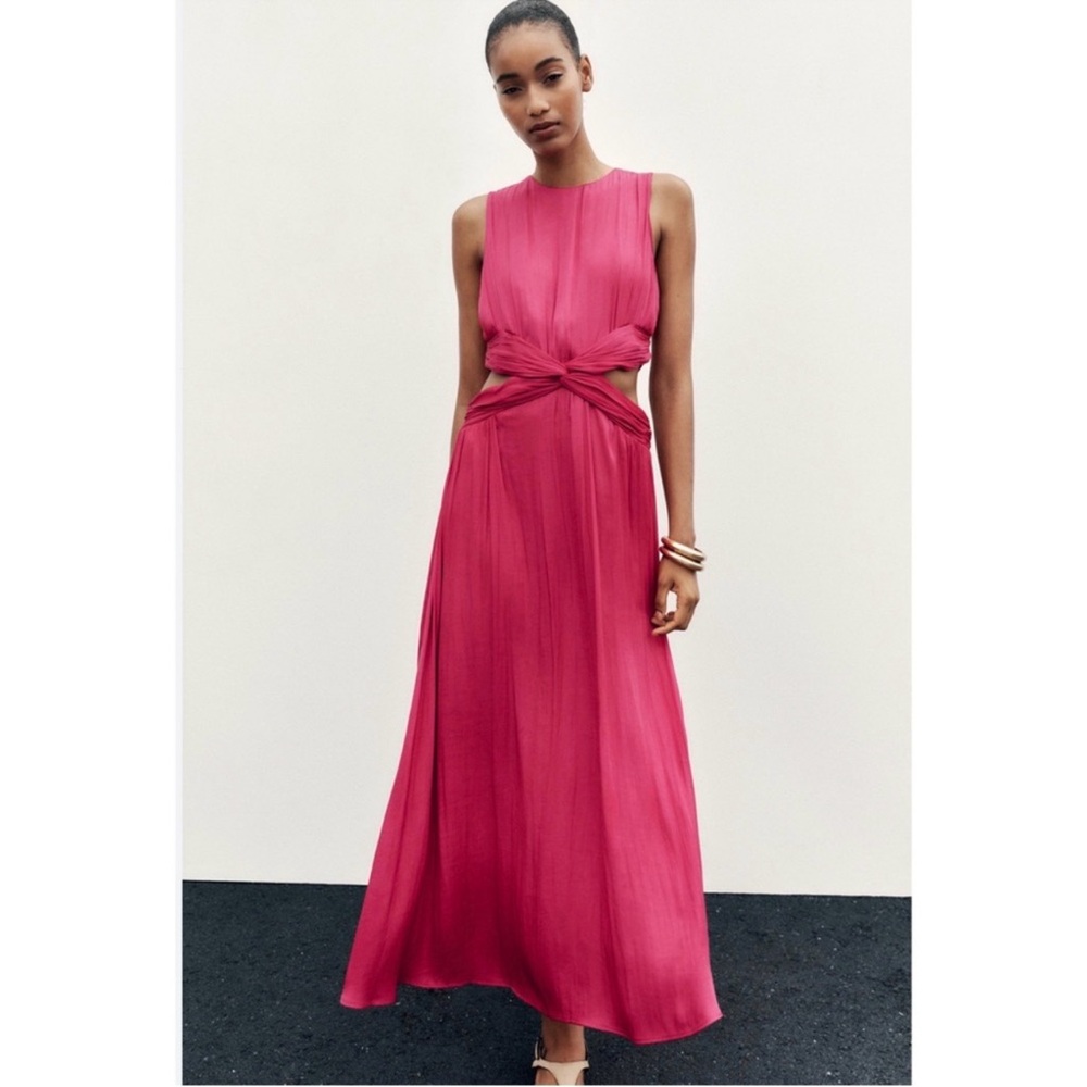 Zara Satin effect cut out sleeveless midi dress fuchsia. S NWT